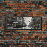 Streetcars In The City Canvas Print, Vintage Art, People On Sidewalk, City Art, Large Urban Art Print, Panoramic, Wall Art, Canvas Print