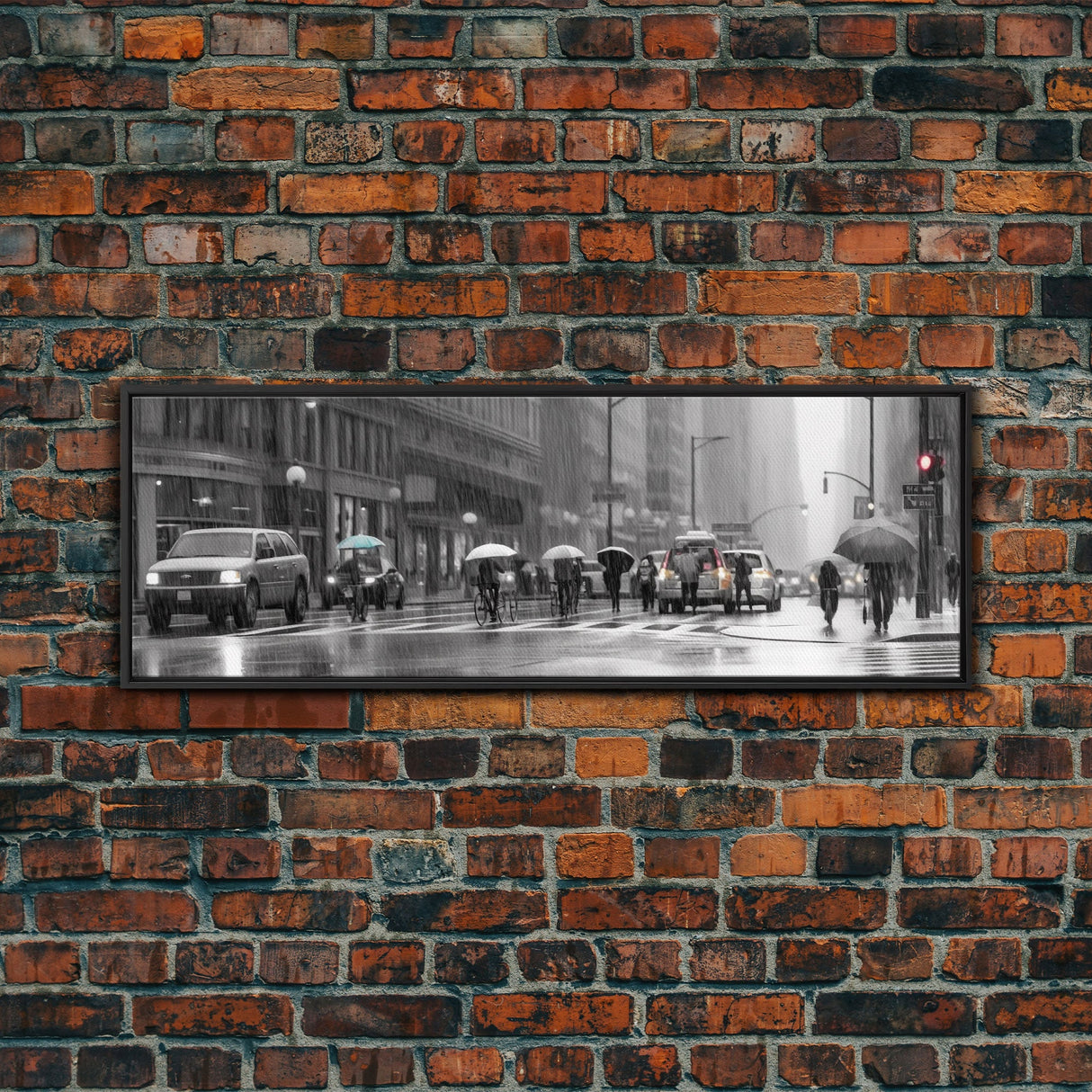 Rainy Day In The City Canvas Print, People With Umbrellas, City Art, Wall Decor, Large Urban Art Print, Panoramic, Wall Art, Canvas Print