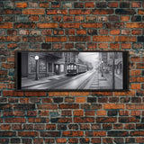 Monochromatic Tram Canvas Print, Pencil Sketch City Art, Wall Decor, Large Urban Art Print, Panoramic, Wall Art, Canvas Print