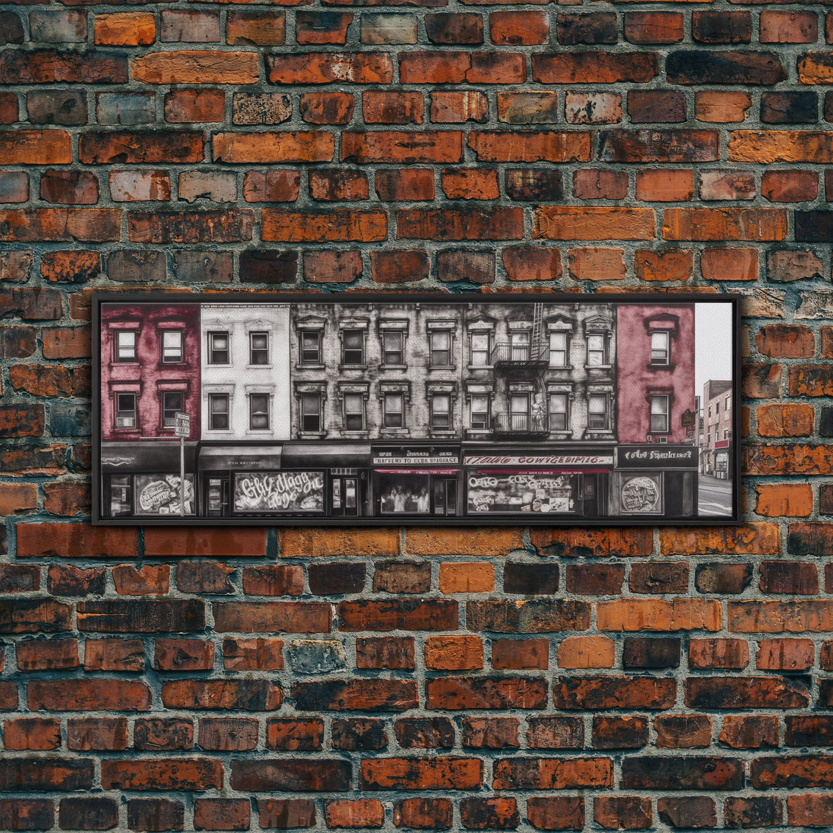 Row Of Buildings Canvas Print, Pencil Sketch City Art, Graffiti Wall Decor, Urban Art Wall Decor, Panoramic, Wall Art, Canvas Print