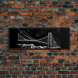 Black And White Suspension Bridge Canvas Print, Large Urban Art Print, Line Art, Chalk Wall Decor, Panoramic, Wall Art, Canvas Print