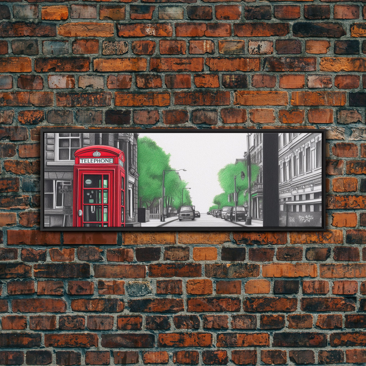 Red Vintage Phone Booth, London Art Print, Street Pencil Sketch Art, Green Trees, Perspective Art, Panoramic, Canvas Print, Wall Art