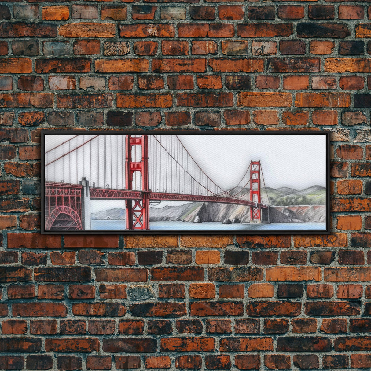 Red Suspension Bridge Canvas Print, Colored Pencil Sketch Art, Mountain, Landscape, River, Lake, Panoramic, Wall Art, Canvas Print