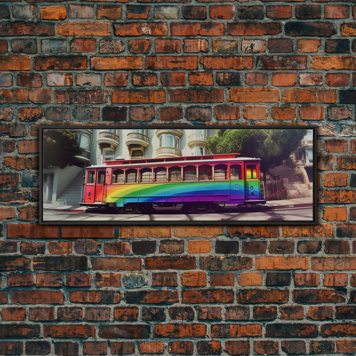 Rainbow Streetcar Canvas Print, Tram Wall Decor, Urban Art, Large Canvas Print, Framed Art, Wall Decor, Panoramic, Wall Art, Canvas Print