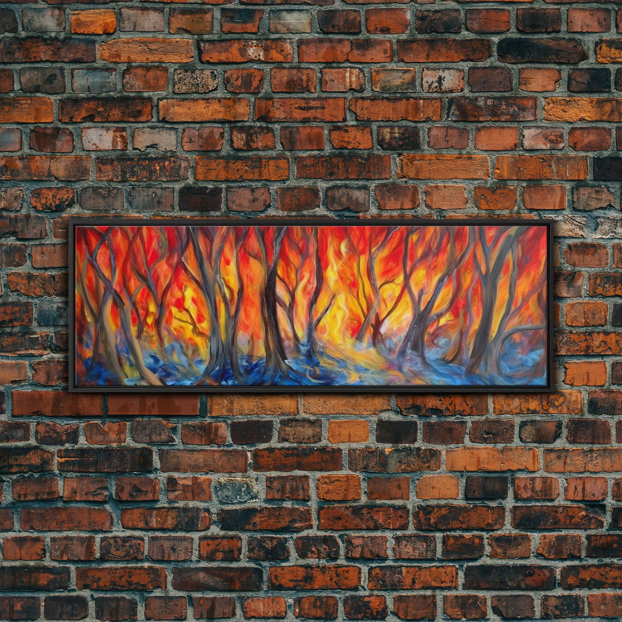 Flames In The Woods Canvas Art Print, Forest Fire, Red Flame, Wall Decor, Framed Large Canvas Print, Panoramic, Wall Art, Canvas Print