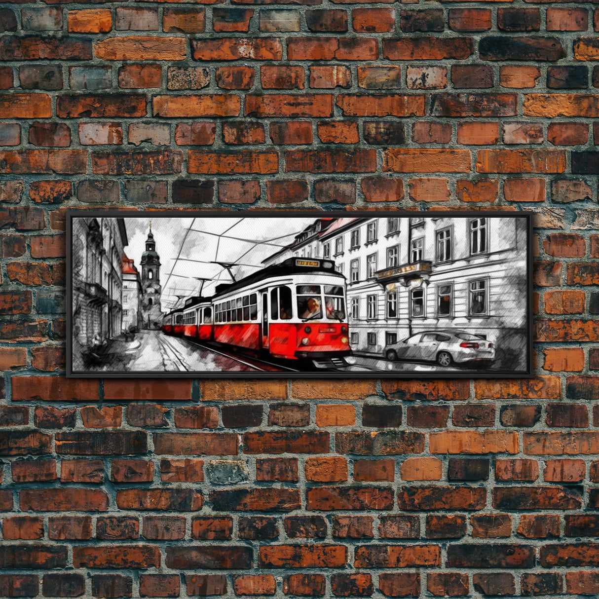 Marker Sketch Wall Art, Streetcar Wall Decor, Bell Tower, Street Art Print, Wall Art Decor, Panoramic, Framed Art, Canvas Print, Landscape