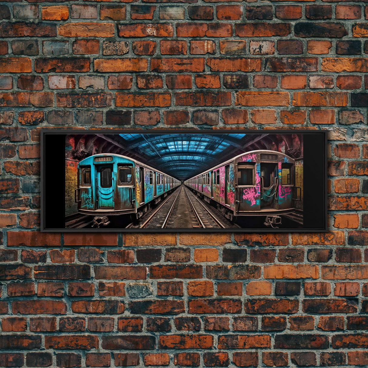 Urban Art Print, Graffiti On Abandoned Subway Train, Teal And Pink, Wall Decor, Large Framed Canvas Print, Panoramic, Wall Art, Canvas Print