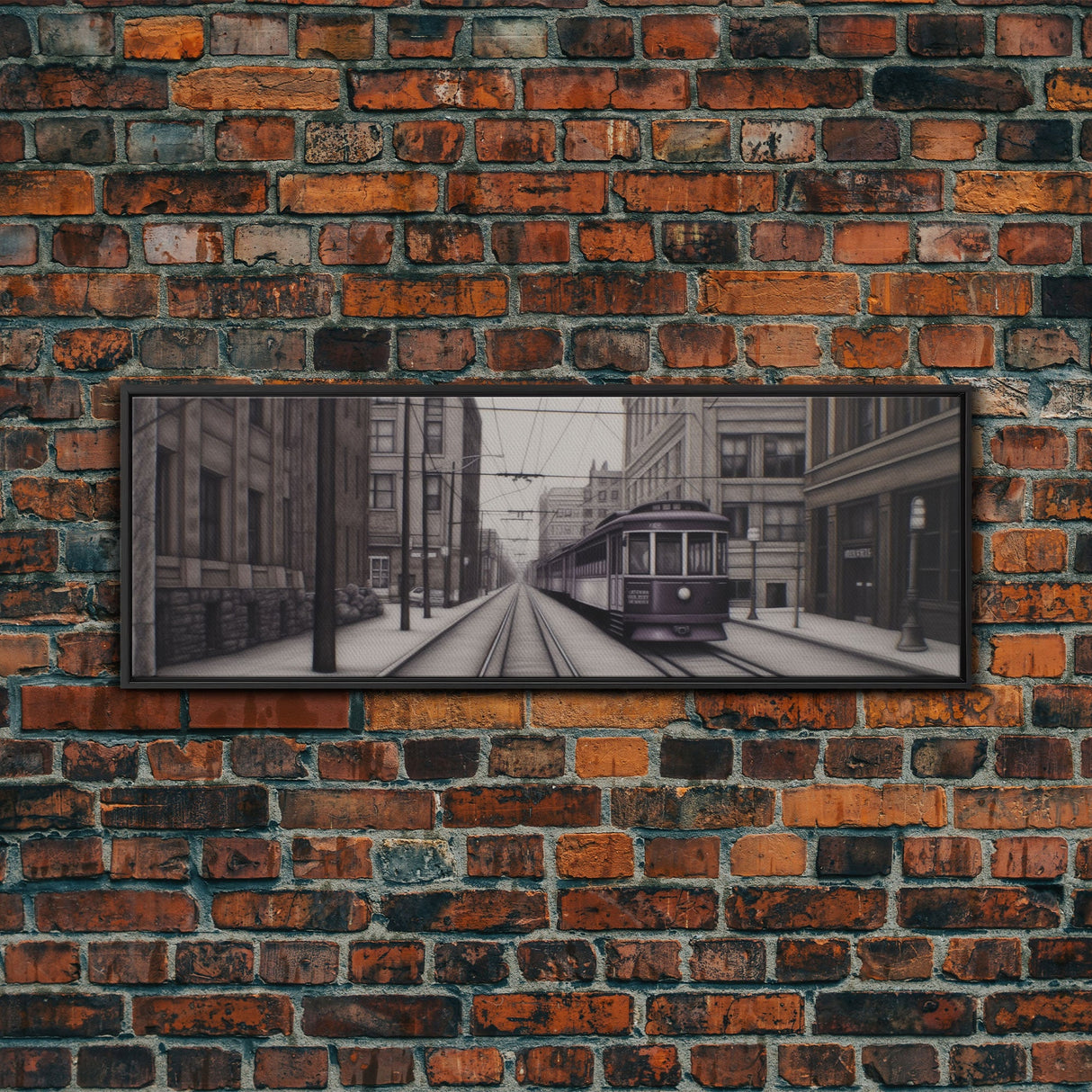 Streetcar Urban Art Print, Purple Train, Perspective Art, City Art, Urban Canvas Print, Panoramic, Wall Art, Canvas Print