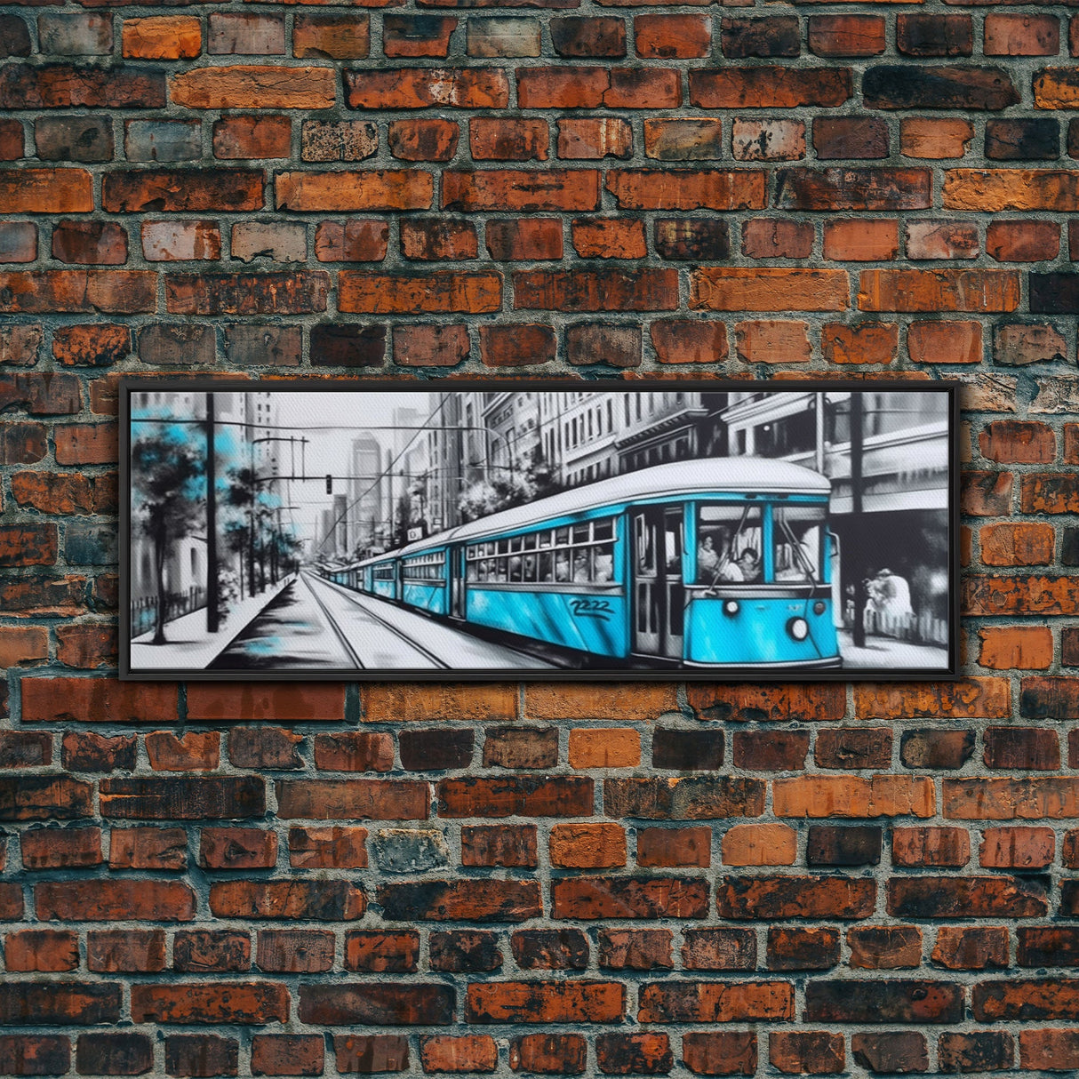 Teal Train, Tram In The City, Urban Art Painting, Large Mixed Media Art, Streetcar Print, City Art, Panoramic, Wall Art, Canvas Print