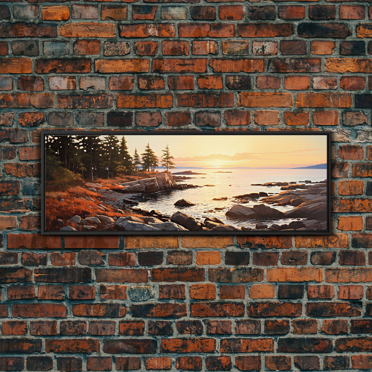 Watercolor Panoramic Acadia National Park Horizontal Framed Canvas Print, Extra Large Art, Large Wall Art, Landscape Paintin