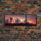 Cyberpunk Cityscape, Metropolis Art, Ready To Hang Canvas Print, Panoramic, Night City Watercolor Concept Art