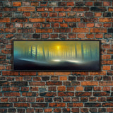 Foggy Forest, UFO Sighting, Ready To Hang Canvas Print, Panoramic Art, Scifi Wall Art