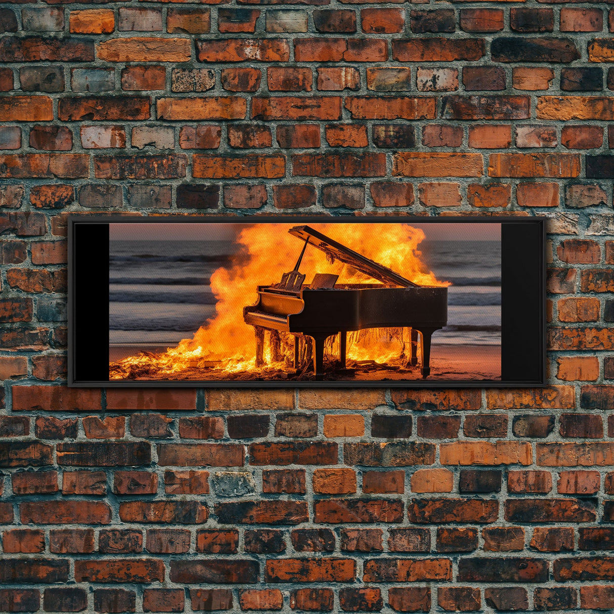 Burning Piano On The Beach, Surreal Art, Framed Canvas Print, Panoramic Wall Art