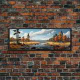 Panoramic Autumn Landscape Painting Framed Canvas Print, Large Wall Art, Fall Centerpiece, Above Fireplace Living Room Art, Mantle Art