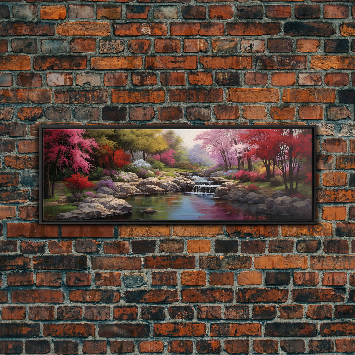 Panoramic Landscape Print Of A Tranquil Spring Stream, Framed Canvas Print, Original Landscape Oil Painting, Guest Room Decor