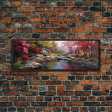 Panoramic Landscape Print Of A Tranquil Spring Stream, Framed Canvas Print, Original Landscape Oil Painting, Guest Room Decor