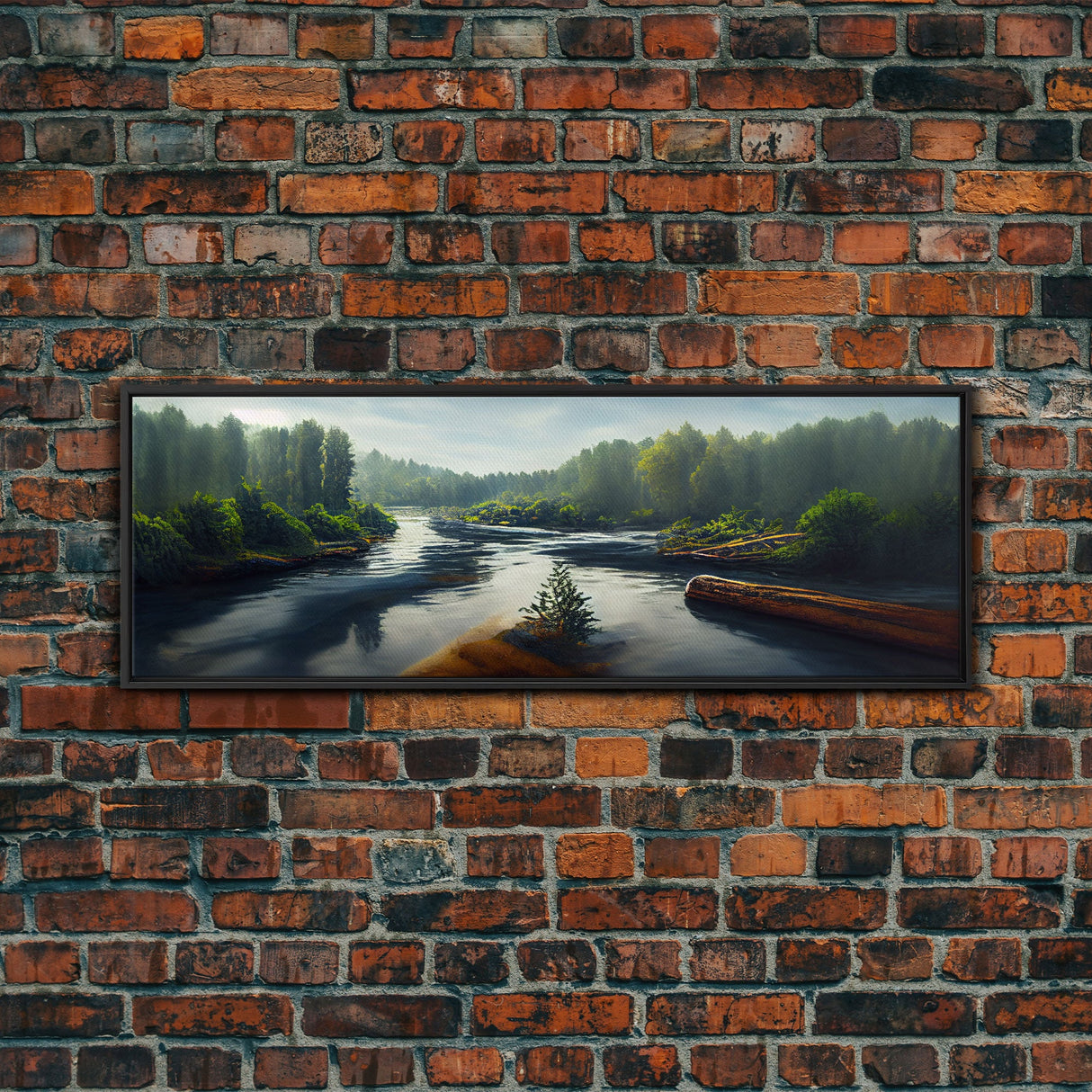 Log Floating Down A River, Extra Large Wall Art, Framed Panoramic Canvas Print, Framed Wall Decor