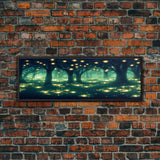 Fantasy Forest At Night With Fireflies, Extra Large Wall Art, Framed Panoramic Canvas Print, Framed Wall Art