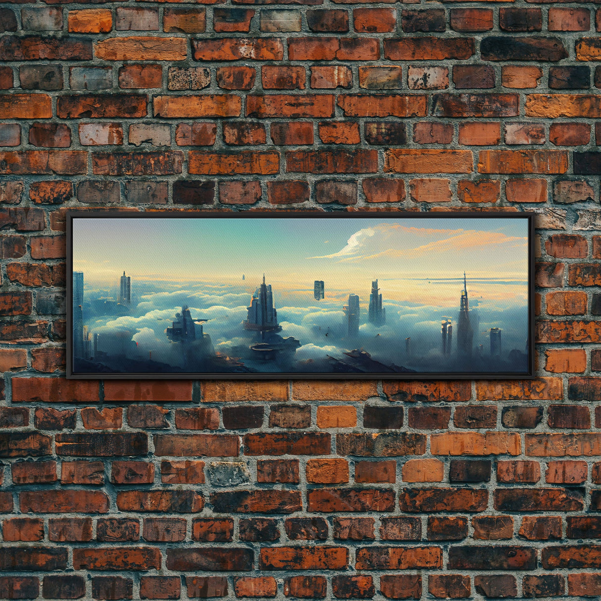 Cyberpunk City Above The Clouds, Futuristic Metropolis, Extra Large Wall Art, Framed Panoramic Canvas Print, Framed Wall Decor