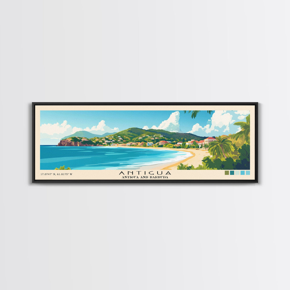 Antigua, Antigua and Barbuda Panoramic Print, Vacation Gift, Antigua and Barbuda Wall Art, Beach Painting, Beach Decor, Large Wall Art, Wood Frame Art