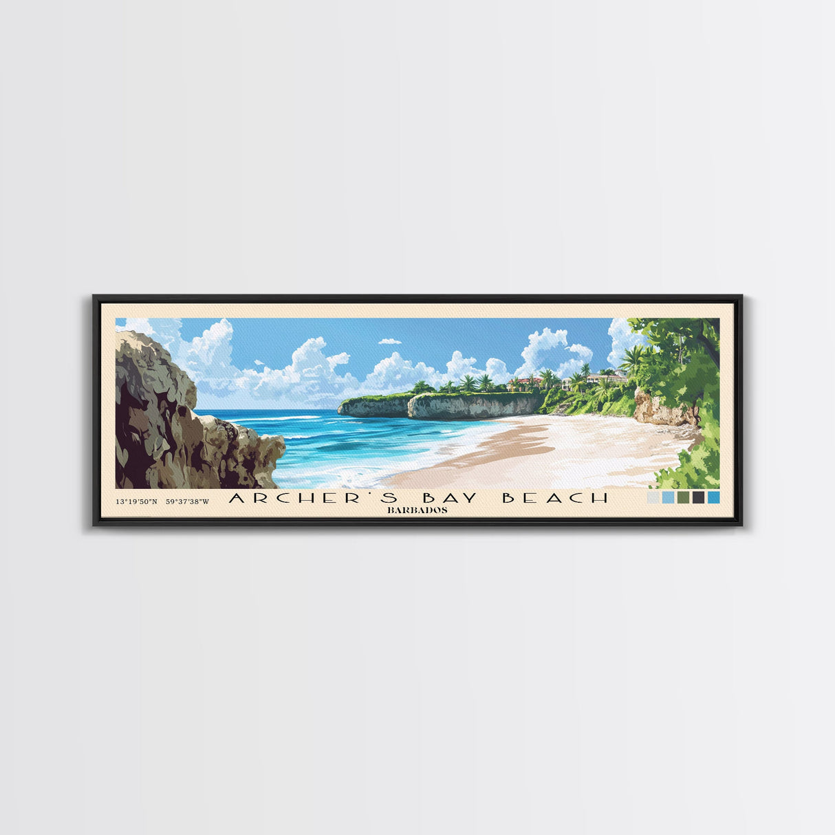 Archer’s Bay Beach, Barbados Panoramic Beach Print, Vacation Gift, Barbados Wall Art, Framed Canvas Print, Framed Beach Painting