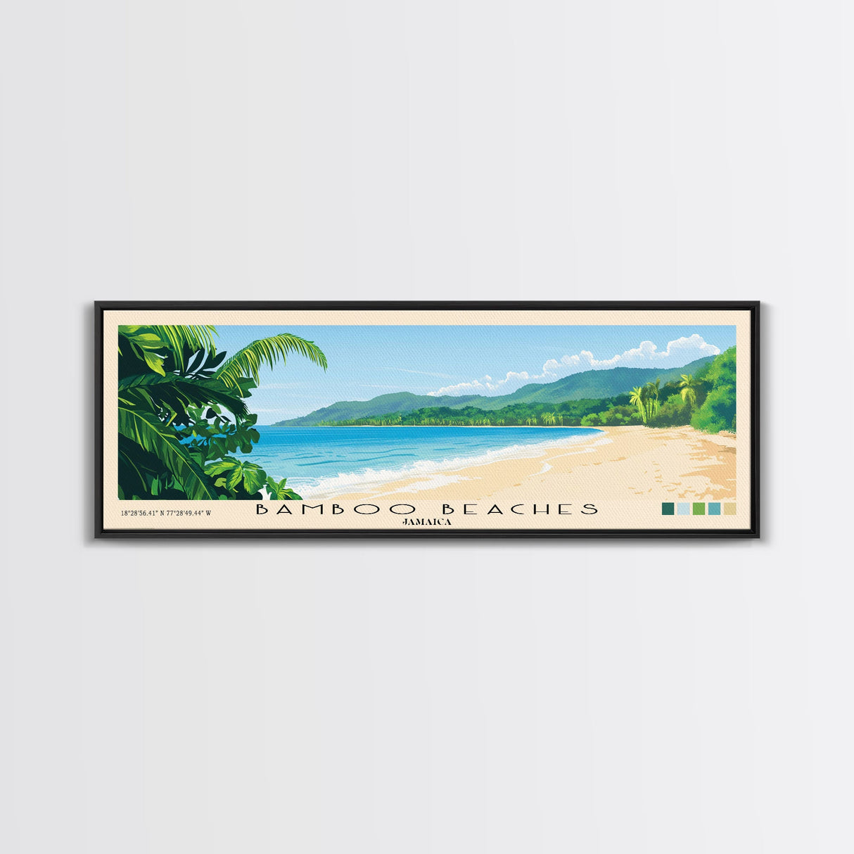 Bamboo Beaches, Jamaica Panoramic Print, Vacation Gift, Jamaica Wall Art, Beach Painting, Beach Decor, Large Wall Art, Wood Frame Art