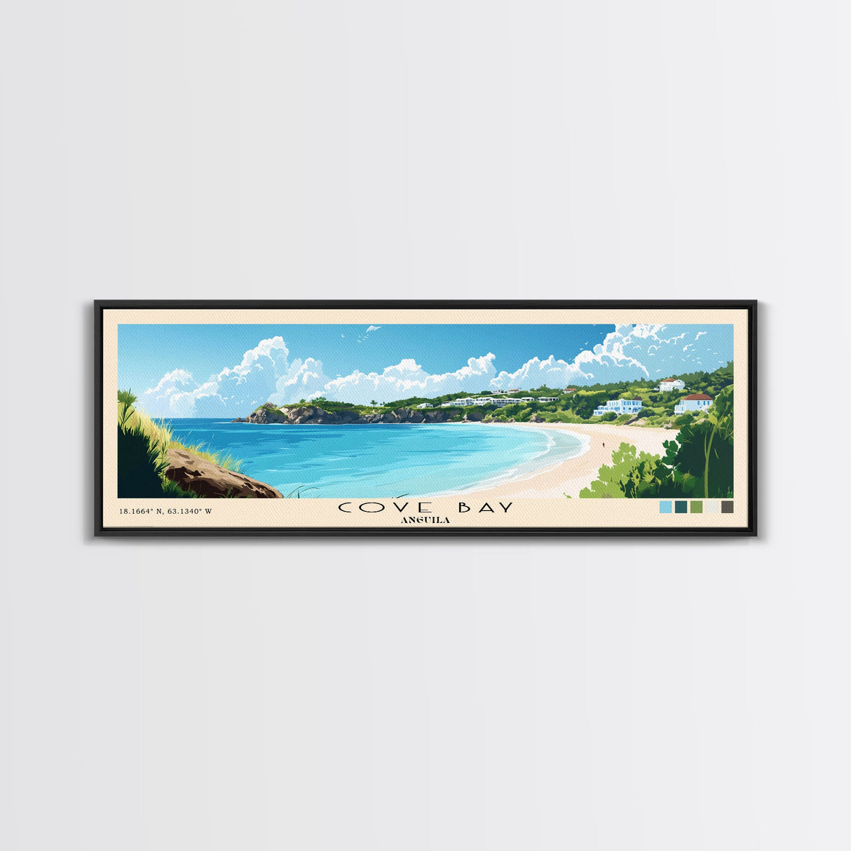 Cove Bay, Anguila Panoramic Beach Print, Vacation Gift, Anguila Wall Art, Framed Canvas Print, Framed Beach Painting