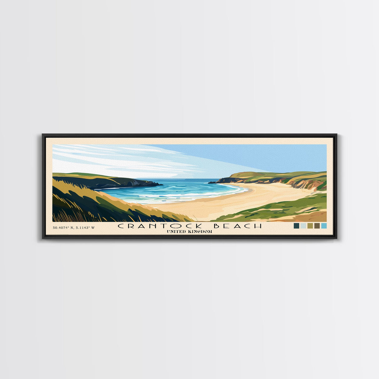 Crantock Beach, United Kingdom Panoramic Beach Print, Vacation Gift, United Kingdom Wall Art, Framed Canvas Print, Framed Beach Painting