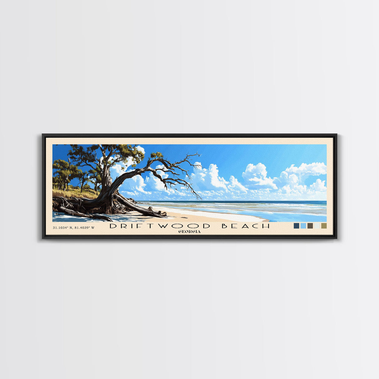 Driftwood Beach, Georgia Panoramic Beach Print, Vacation Gift, Georgia Wall Art, Framed Canvas Print, Framed Beach Painting