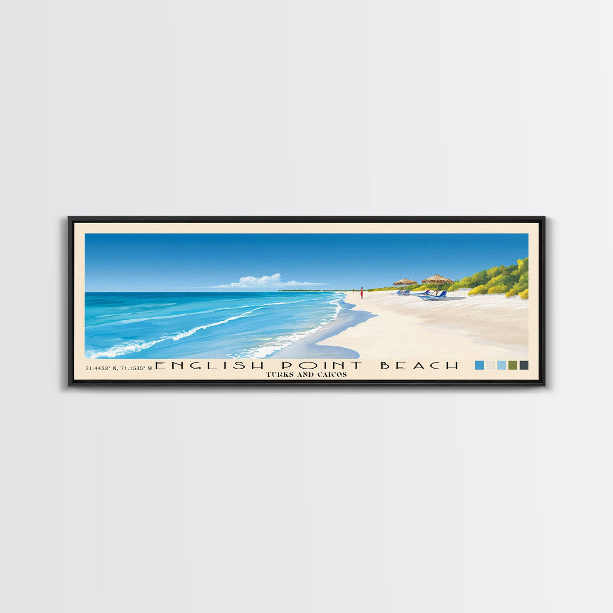 English Point Beach, Turks and Caicos Panoramic Beach Print, Vacation Gift, Turks and Caicos Wall Art, Framed Canvas Print, Framed Beach Painting