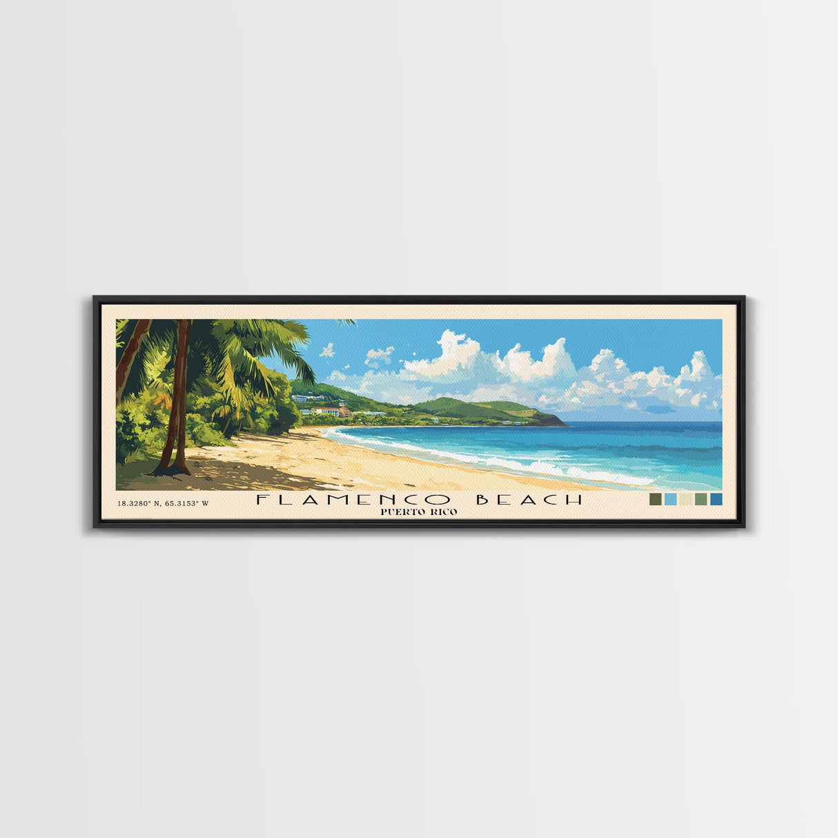 Flamenco Beach, Puerto Rico Panoramic Print, Vacation Gift, Puerto Rico Wall Art, Beach Painting, Beach Decor, Large Wall Art, Wood Frame Art