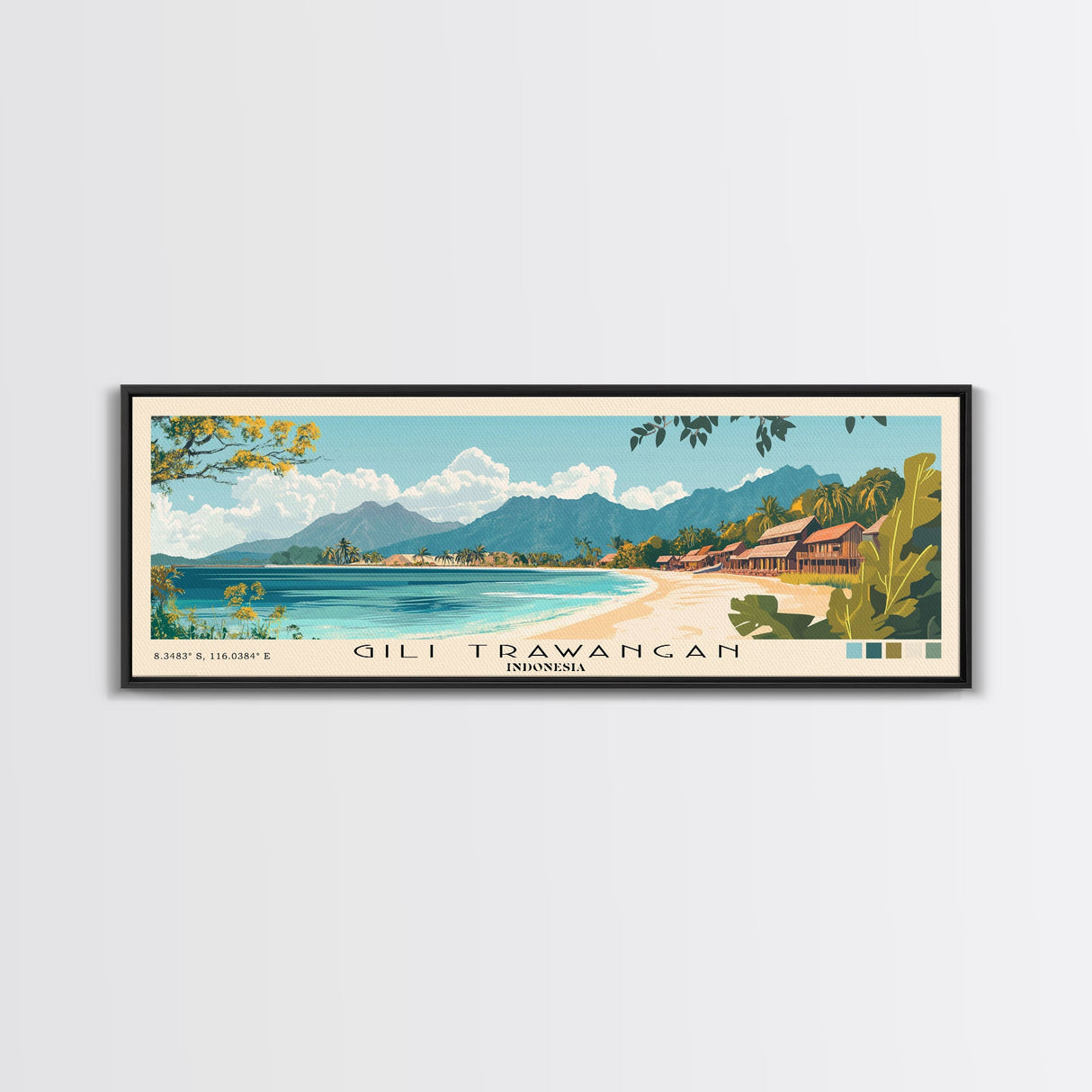 Gili Trawangan, Indonesia Panoramic Print, Vacation Gift, Indonesia Wall Art, Beach Painting, Beach Decor, Large Wall Art, Wood Frame Art