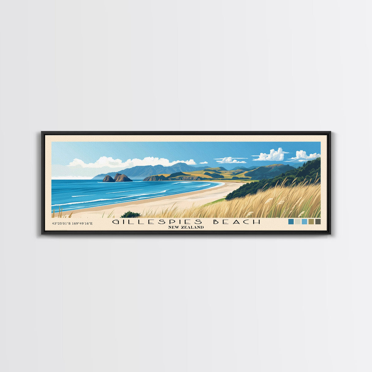 Gillespies Beach, New Zealand Panoramic Beach Print, Vacation Gift, New Zealand Wall Art, Framed Canvas Print, Framed Beach Painting