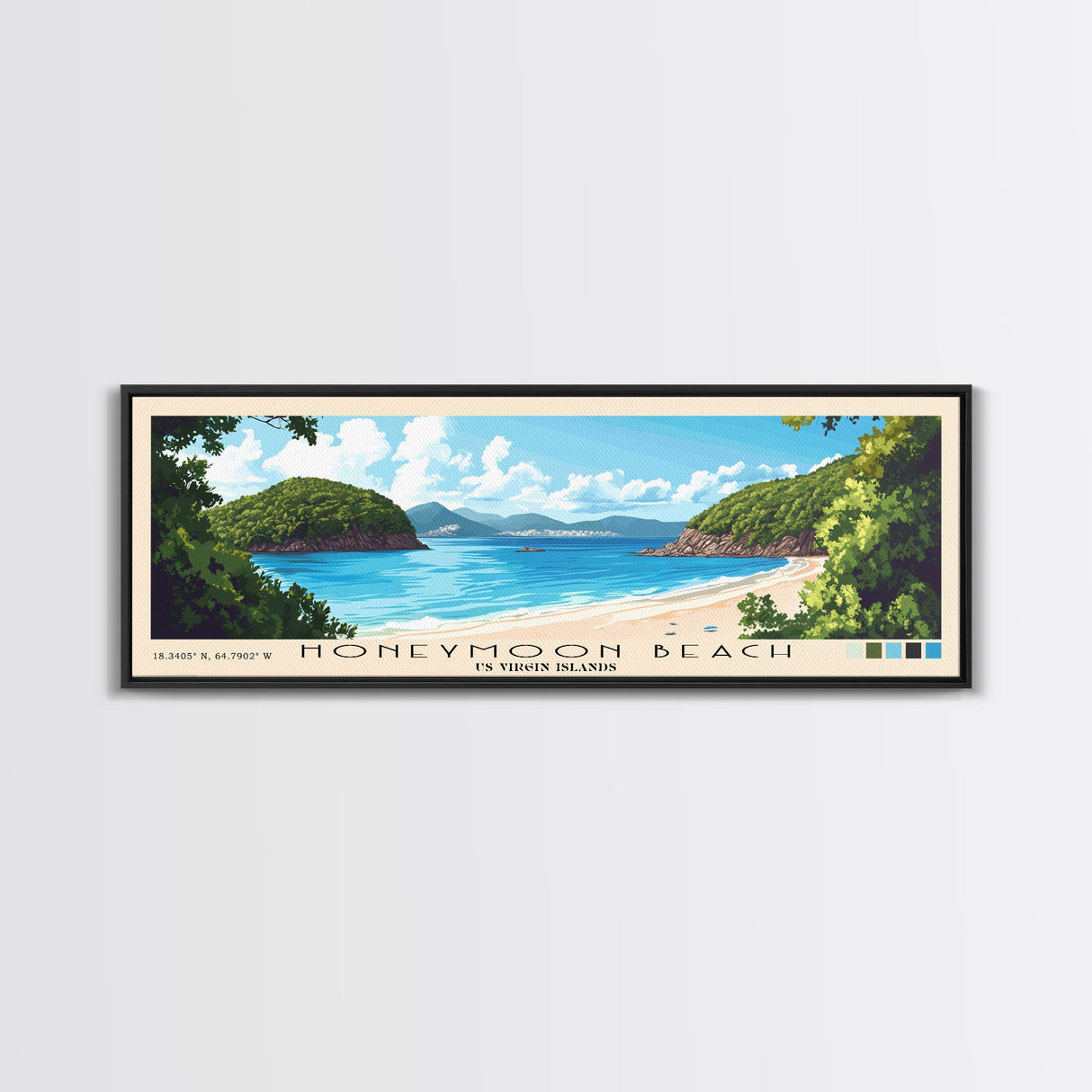 Honeymoon Beach, US Virgin islands Panoramic Print, Vacation Gift, US Virgin islands Wall Art, Beach Painting, Beach Decor, Large Wall Art, Wood Frame Art