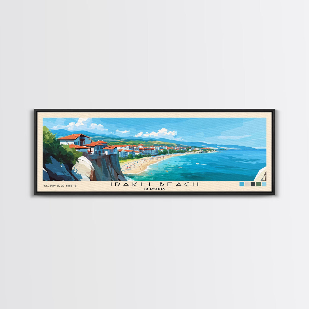 Irakli Beach, Bulgaria Panoramic Print, Vacation Gift, Bulgaria Wall Art, Beach Painting, Beach Decor, Large Wall Art, Wood Frame Art