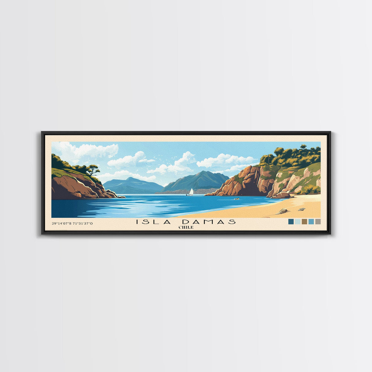 Isla Damas, Chile Panoramic Print, Vacation Gift, Chile Wall Art, Beach Painting, Beach Decor, Large Wall Art, Wood Frame Art