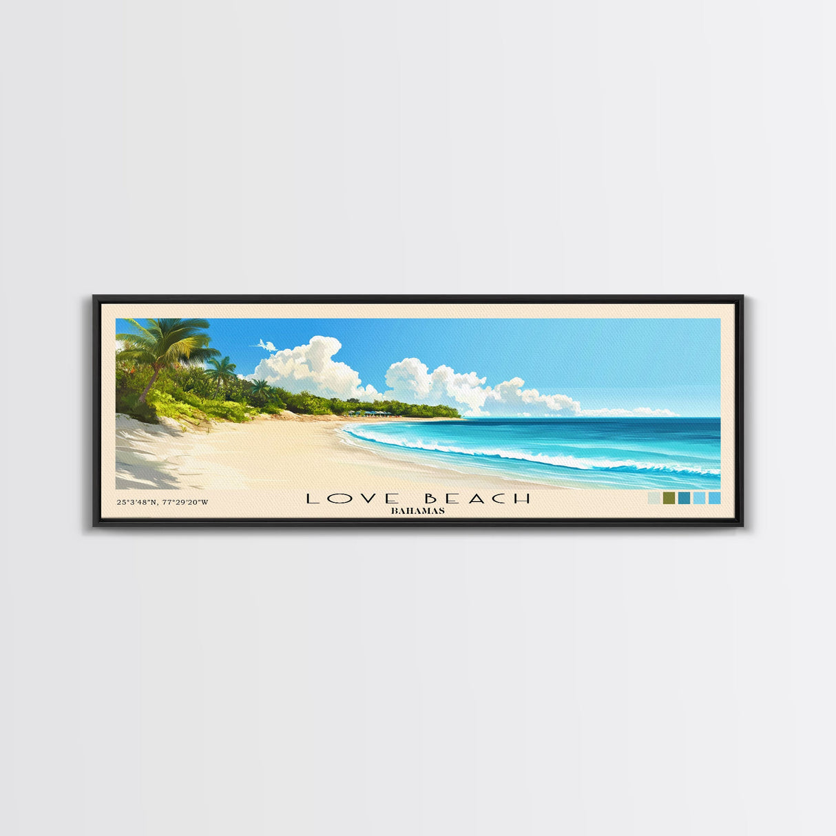 Love Beach, Bahamas Panoramic Print, Vacation Gift, Bahamas Wall Art, Beach Painting, Beach Decor, Large Wall Art, Wood Frame Art