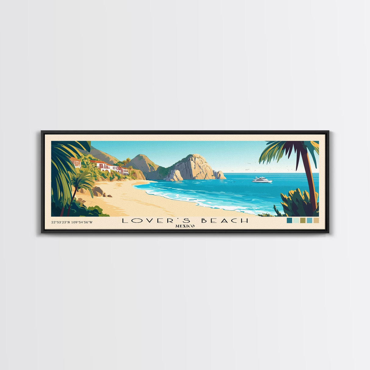 Lover’s Beach, Mexico Panoramic Beach Print, Vacation Gift, Mexico Wall Art, Framed Canvas Print, Framed Beach Painting