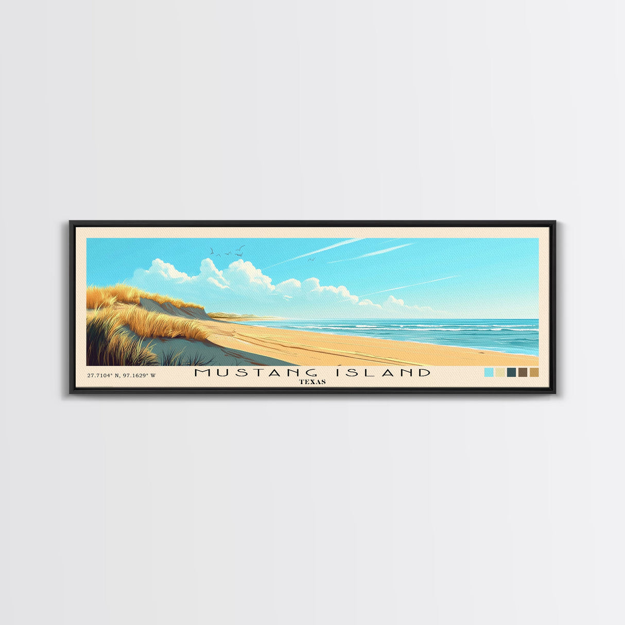 Mustang Island, Texas Panoramic Beach Print, Vacation Gift, Texas Wall Art, Beach Painting, Beach Decor, Beach Painting