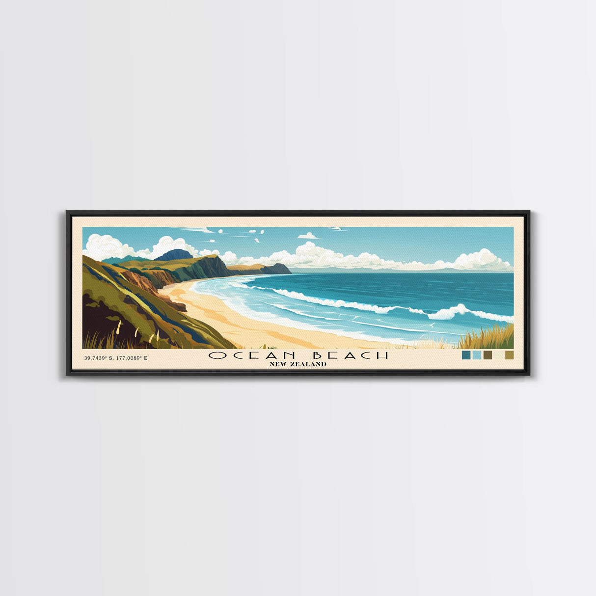 Ocean Beach, New Zealand Panoramic Print, Vacation Gift, New Zealand Wall Art, Beach Painting, Beach Decor, Beach Or Lakehouse Art