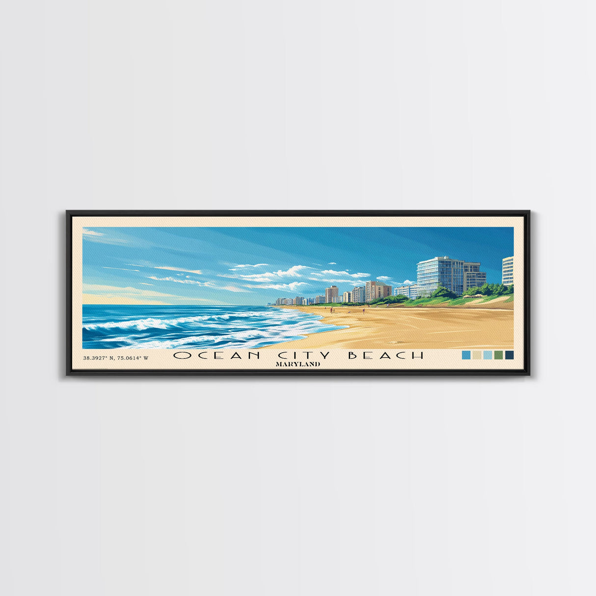 Ocean City Beach, Maryland Panoramic Beach Print, Vacation Gift, Maryland Wall Art, Beach Painting, Beach Decor, Beach Painting