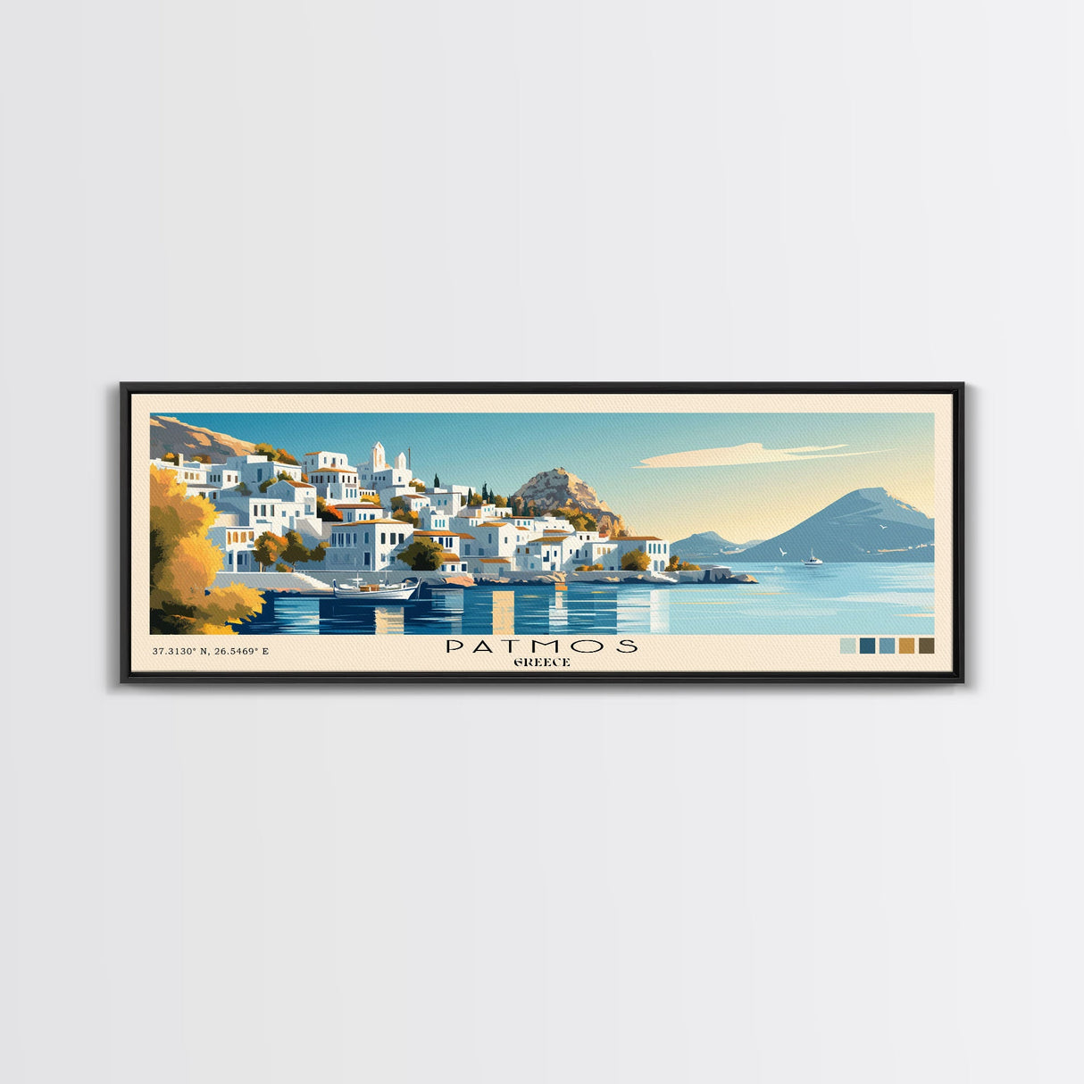 Patmos, Greece Panoramic Beach Print, Vacation Gift, Greece Wall Art, Beach Painting, Beach Decor, Beach Painting