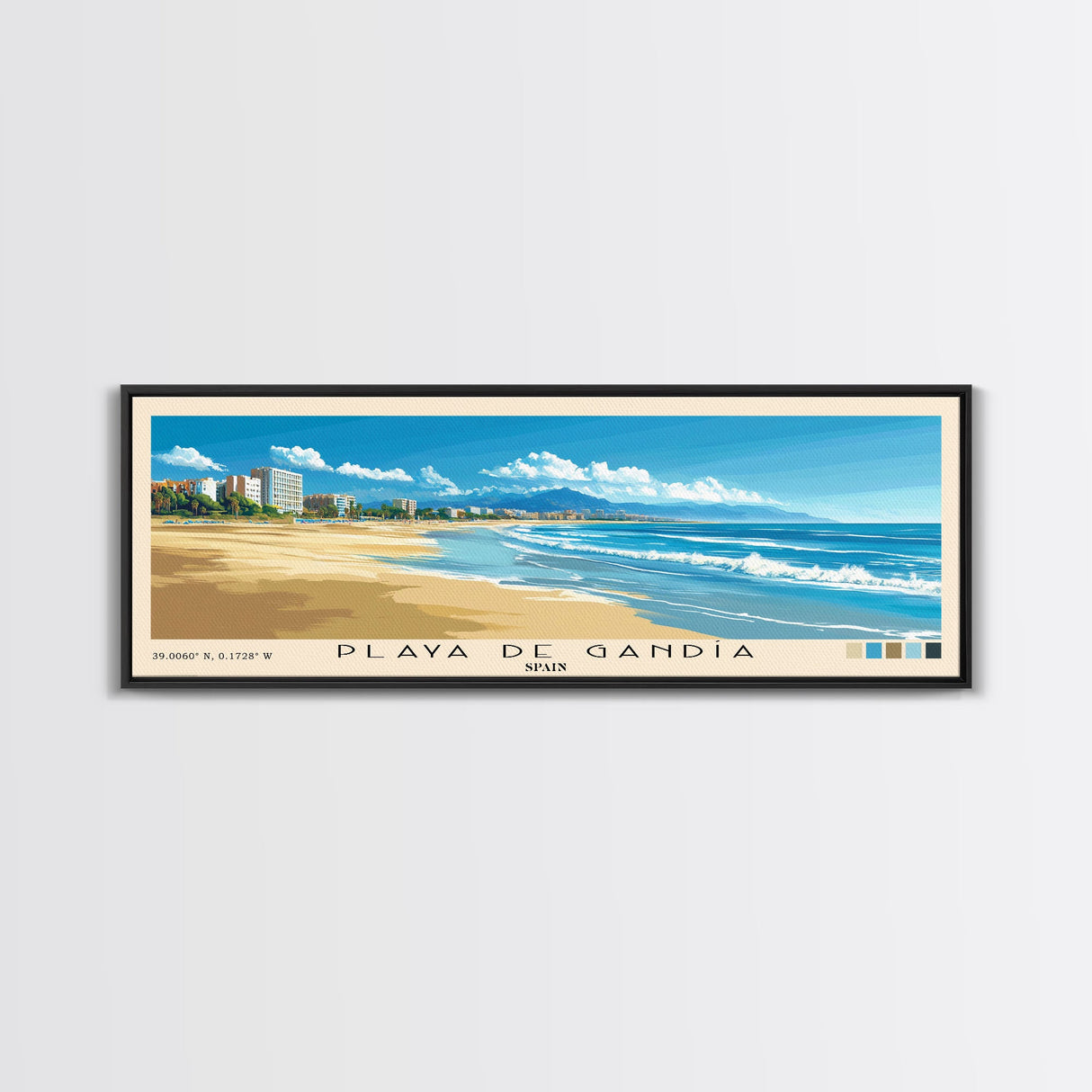 Playa de Gandía, Spain Panoramic Beach Print, Vacation Gift, Spain Wall Art, Beach Painting, Beach Decor, Beach Painting