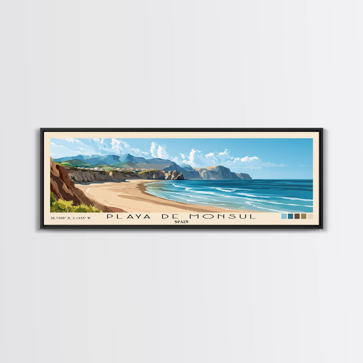 Playa de Monsul, Spain Panoramic Beach Print, Vacation Gift, Spain Wall Art, Framed Canvas Print, Framed Beach Painting