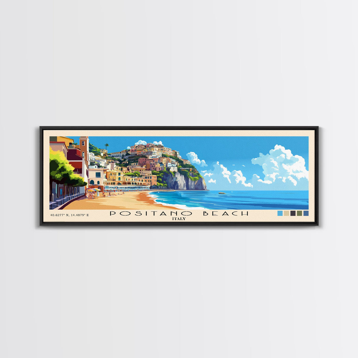 Positano Beach, Italy Panoramic Print, Vacation Gift, Italy Wall Art, Beach Painting, Beach Decor, Beach Or Lakehouse Art