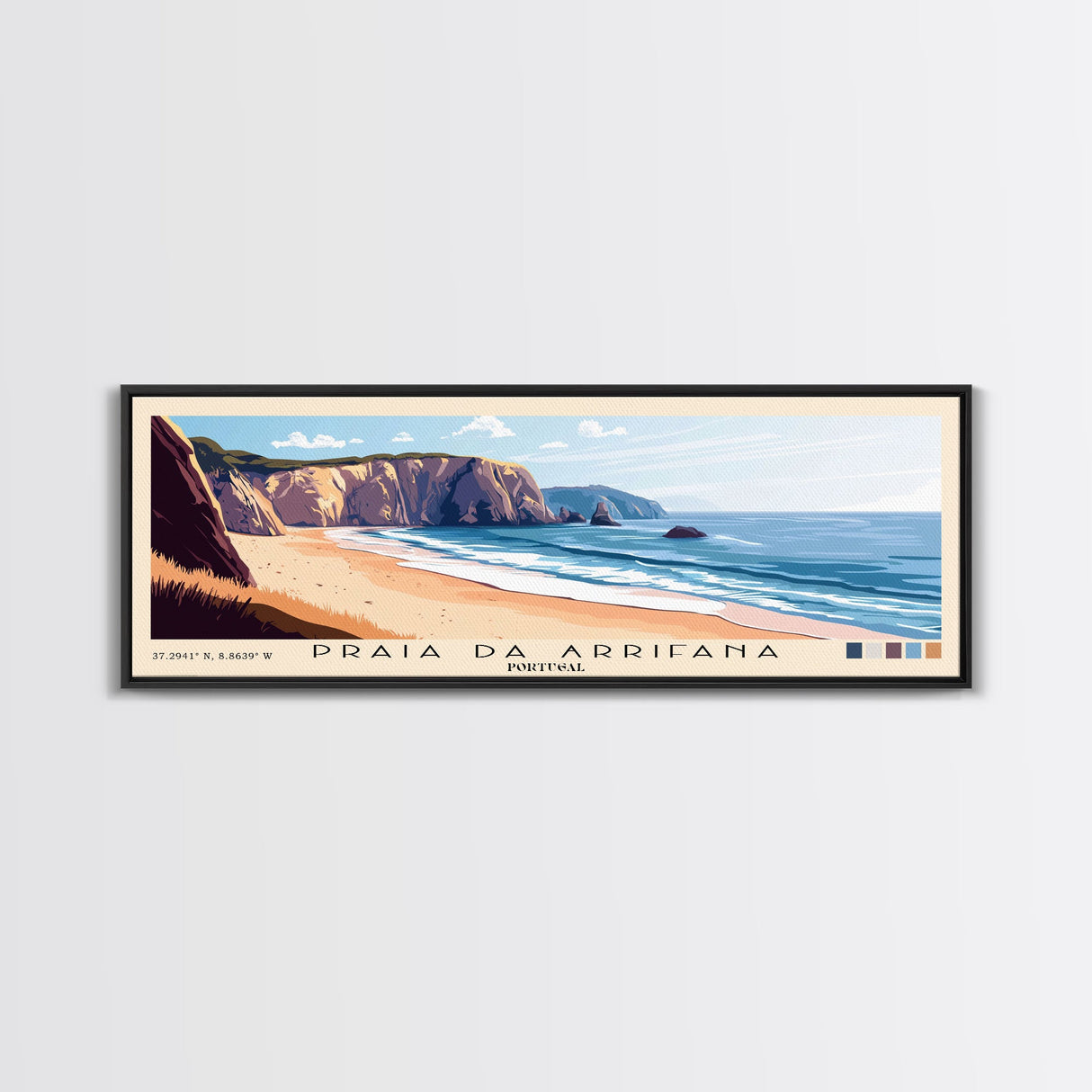 Praia da Arrifana, Portugal Panoramic Print, Vacation Gift, Portugal Wall Art, Beach Painting, Beach Decor, Large Wall Art, Wood Frame Art