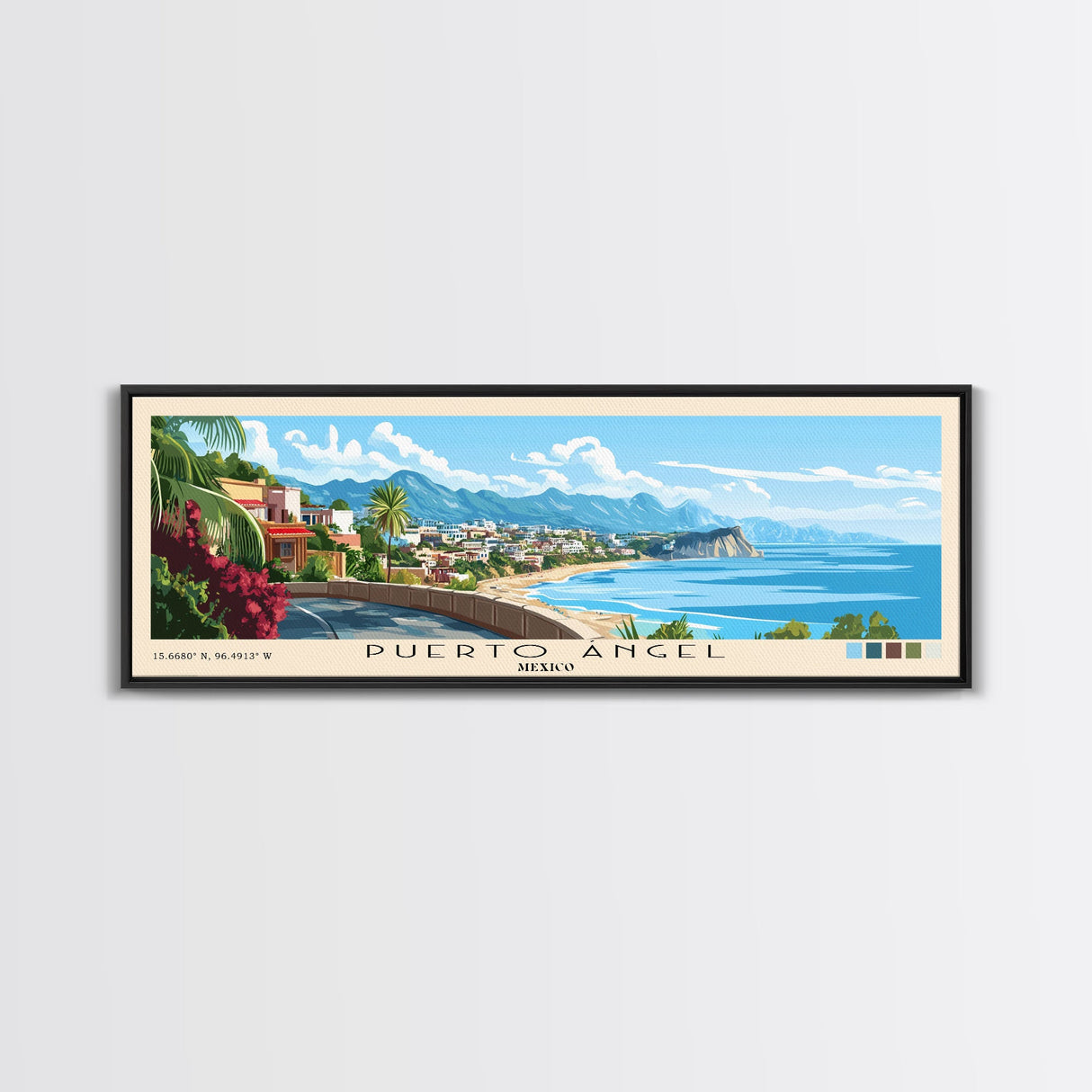 Puerto Ángel, Mexico Panoramic Beach Print, Vacation Gift, Mexico Wall Art, Framed Canvas Print, Framed Beach Painting