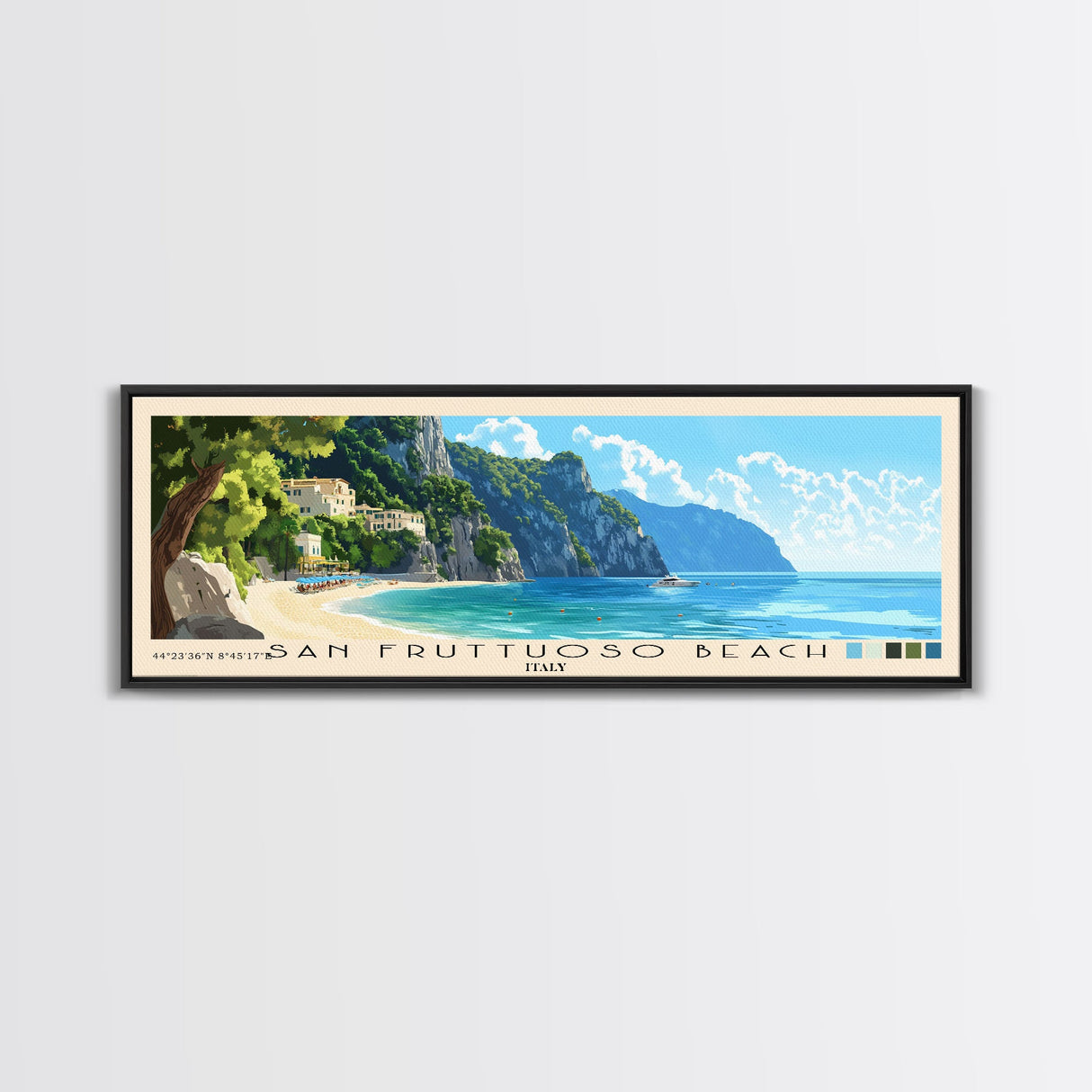 San Fruttuoso Beach, Italy Panoramic Print, Vacation Gift, Italy Wall Art, Beach Painting, Beach Decor, Large Wall Art, Wood Frame Art