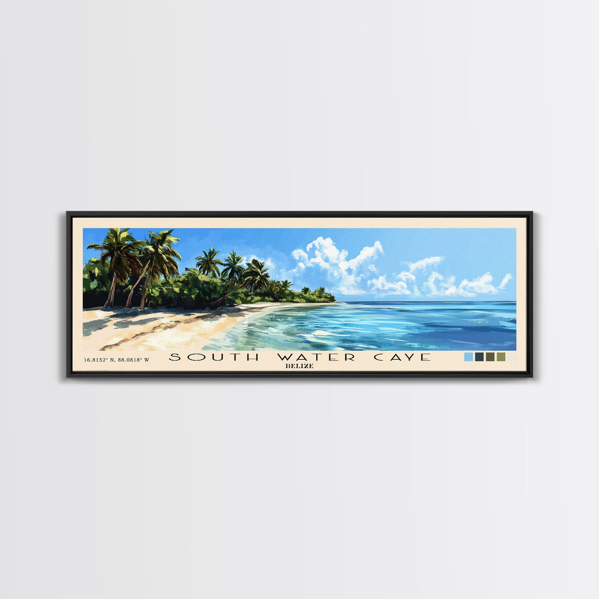 South Water Caye, Belize Panoramic Beach Print, Vacation Gift, Belize Wall Art, Framed Canvas Print, Framed Beach Painting