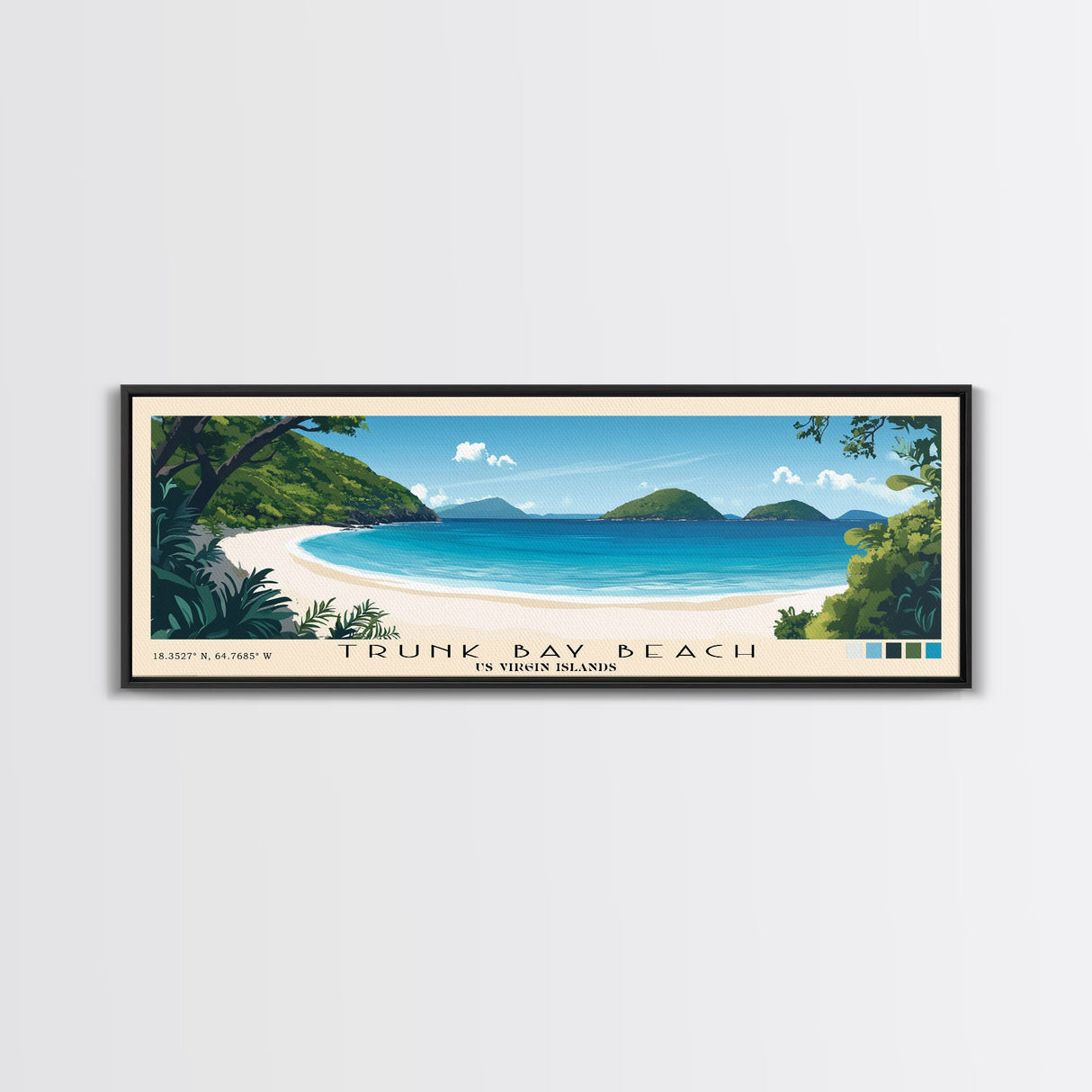 Trunk Bay Beach, US Virgin islands Panoramic Beach Print, Vacation Gift, US Virgin islands Wall Art, Framed Canvas Print, Framed Beach Painting